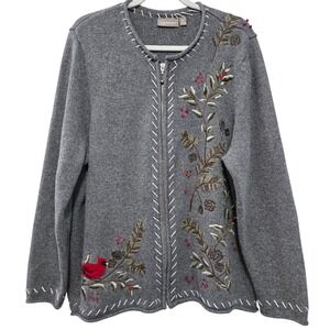 Craft & Barrow Holiday Gray Cardinal Embroidered Zip Cardigan Sweater Womens 2X